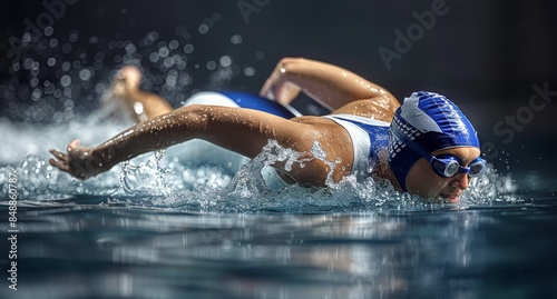 A woman swims in a pool wearing a blue cap and goggles