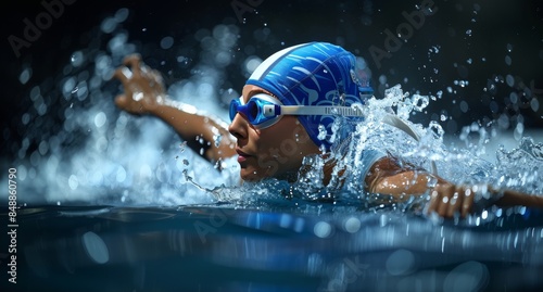 A woman in a blue and white swim cap is swimming in a pool