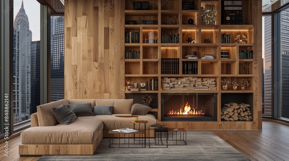 Stylish wooden home living room interior with sofa and fireplace, shelf partition with books and decoration. Lounge zone with panoramic window on skyscrapers. 3D ing Stylish wooden home living room interior with sofa and fireplace, shelf partition with books and decoration. Lounge zone with panoramic window on skyscrapers. 3D ing