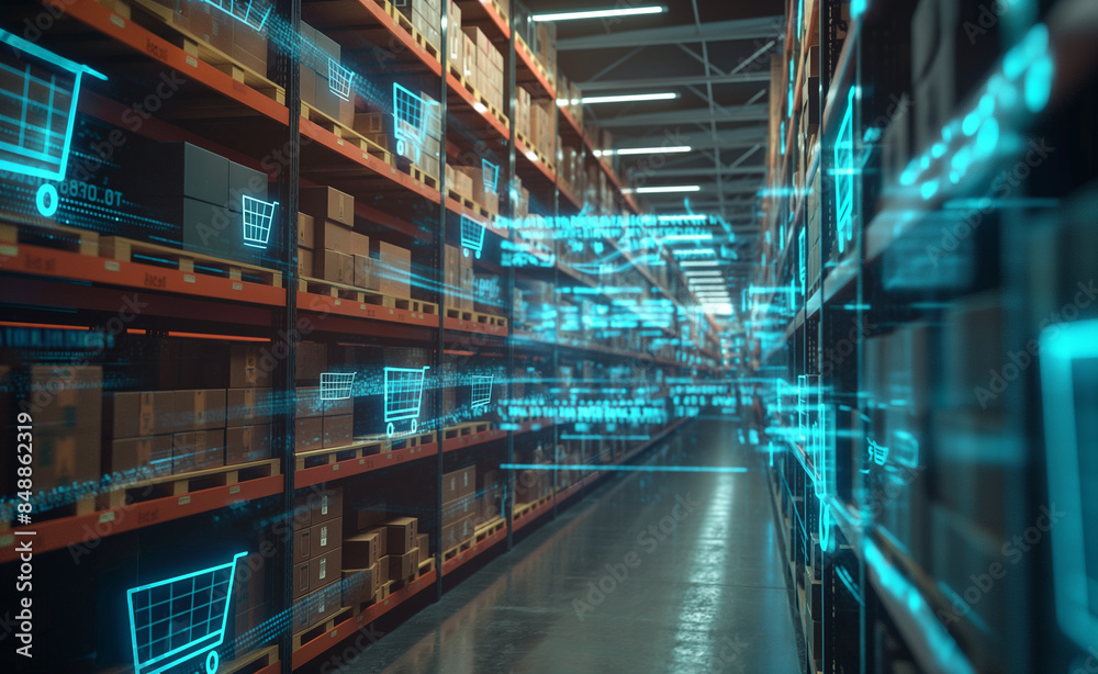 Fototapeta premium High-Tech Warehouse with Digital Interface Icons and Efficient Logistics System in Operation