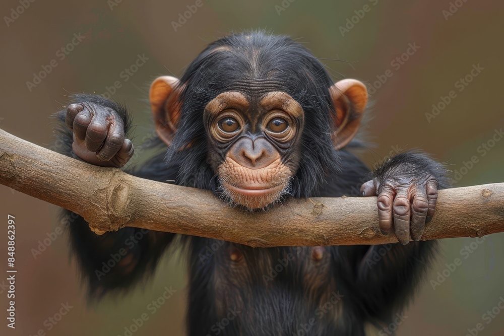 Obraz premium Baby Chimpanzee: A curious baby chimpanzee, hanging from a tree branch by one arm, with a mischievous expression.