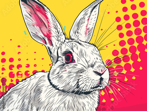 A rabbit with red eyes is staring at the camera. The rabbit is white and has a pinkish hue. The background is yellow and has a lot of dots