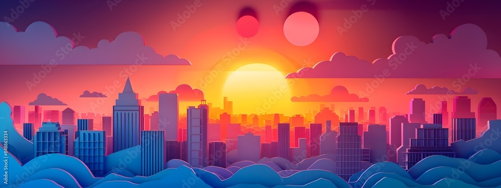 Minimalist Papercut Cityscape Skyline at Vibrant Sunset Minimalist Papercut Cityscape Skyline at Vibrant Sunset