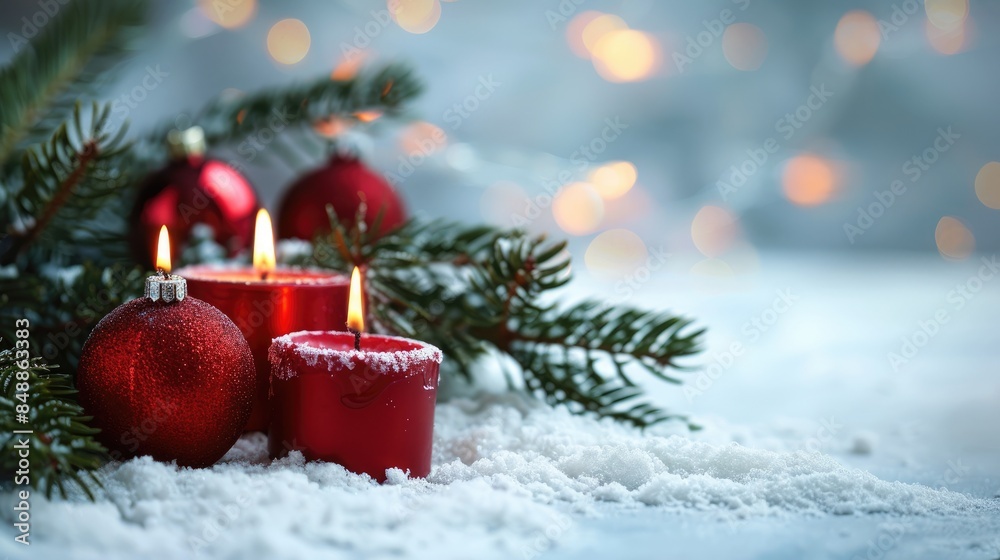 Christmas ornaments including red candles and Christmas tree branches placed on snowy ground against a white background