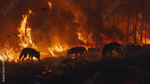 Under the fiery glow of a raging wildfire, terrified animals desperately flee through the smoke-filled night, their frantic escape captured in vivid detail for a gripping wildlife documentary.
 photo