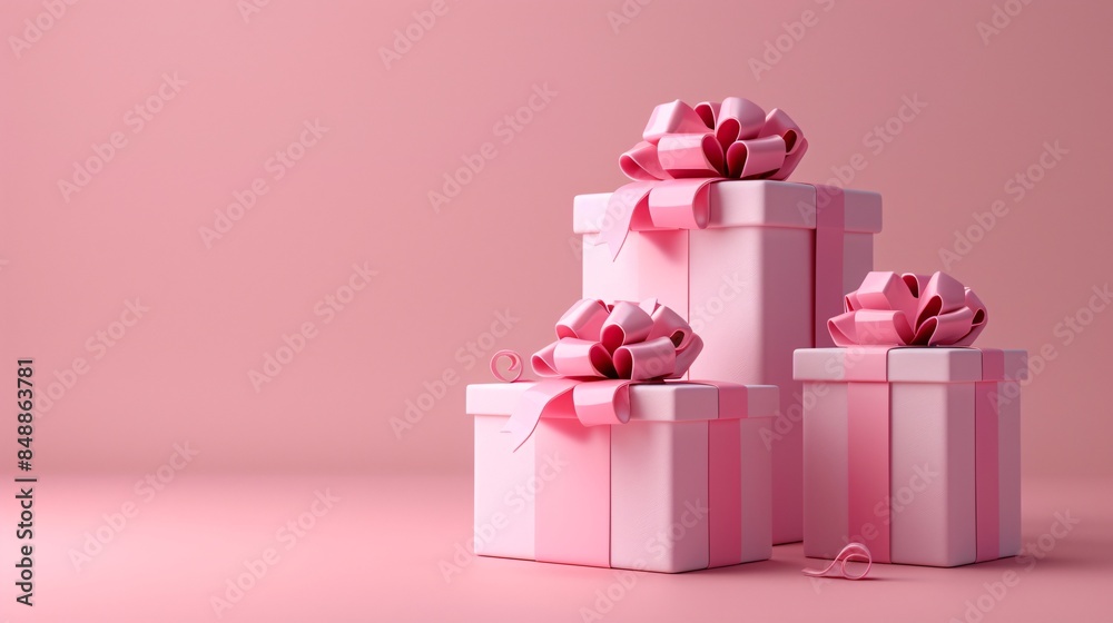 Three pink gift boxes with red ribbons and bows, stacked against a matching pink background. Perfect for celebrations or Valentine's Day themes. 3D Illustration. Three pink gift boxes with red ribbons and bows, stacked against a matching pink background. Perfect for celebrations or Valentine's Day themes. 3D Illustration.