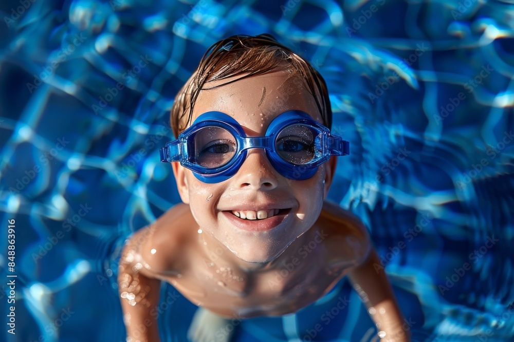 Naklejka premium A young boy is smiling and wearing goggles while standing in a pool