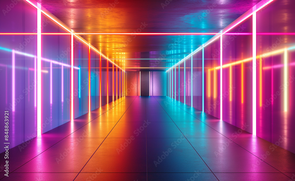 A Long, Vibrant Neon-Lit Hallway Illuminated with Colorful Lights A Long, Vibrant Neon-Lit Hallway Illuminated with Colorful Lights