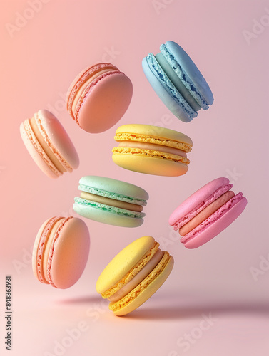 Wallpaper Mural Multicolored macaroon cookies are levitating. Light pastel colors, pink, yellow, blue and green macaroons. Pastries, sweets. A sweet delicious dessert, cookies with almonds. Pink background. Torontodigital.ca