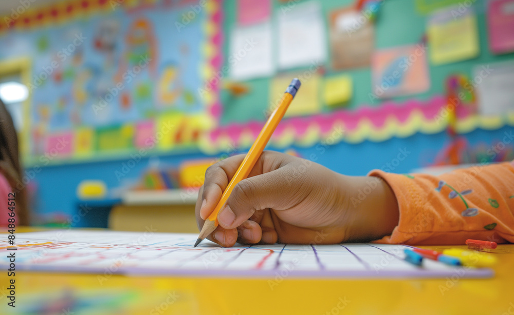 Child's hand holding a pencil and writing in a colorful classroom. Child's hand holding a pencil and writing in a colorful classroom.