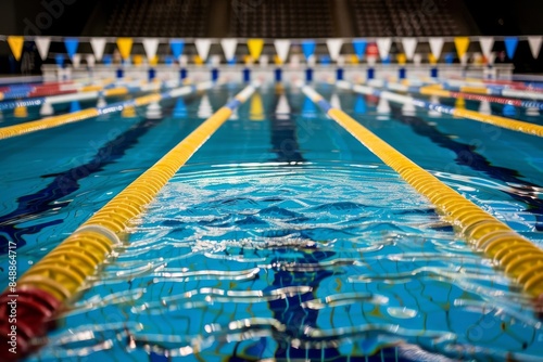 A swimming pool with blue and yellow lanes © hakule