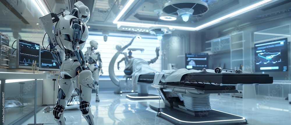 Futuristic robots in a high-tech laboratory, showcasing advanced technology and innovation in a sci-fi setting. Futuristic robots in a high-tech laboratory, showcasing advanced technology and innovation in a sci-fi setting.