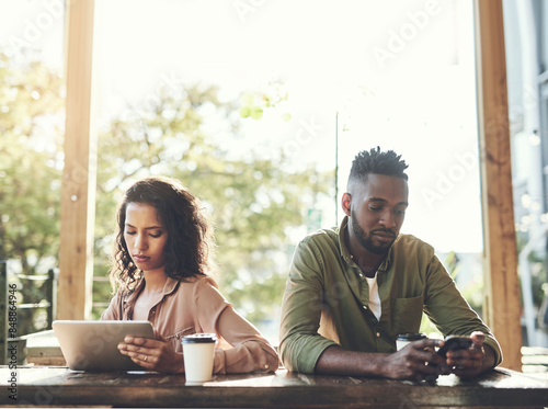 Εκτύπωση καμβά Cafe, couple and ignore with technology after argument, conflict and misunderstanding outdoor