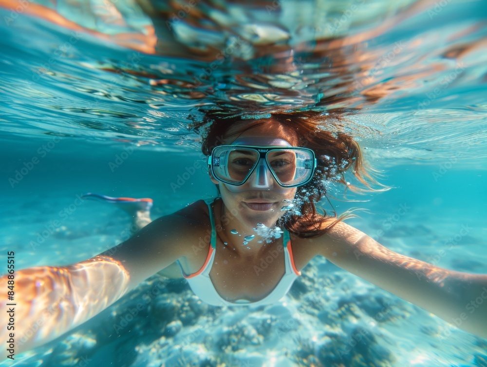 Fototapeta premium A woman is swimming in the ocean wearing a snorkel and goggles
