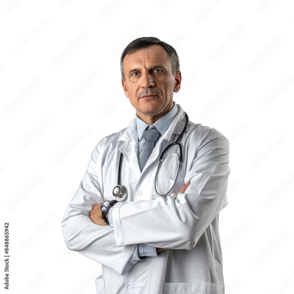 Fototapeta premium Confident doctor in white coat isolated on transparent background, suitable for medical articles, healthcare services, and professional branding