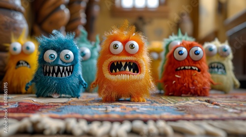 Close up of menacing cartoon microbes infesting a grimy and dirty carpet surface in detailed view