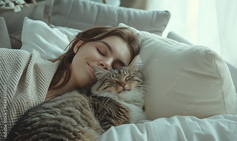 A young woman and her cat resting together on a minimalist Scandinavian white sofa