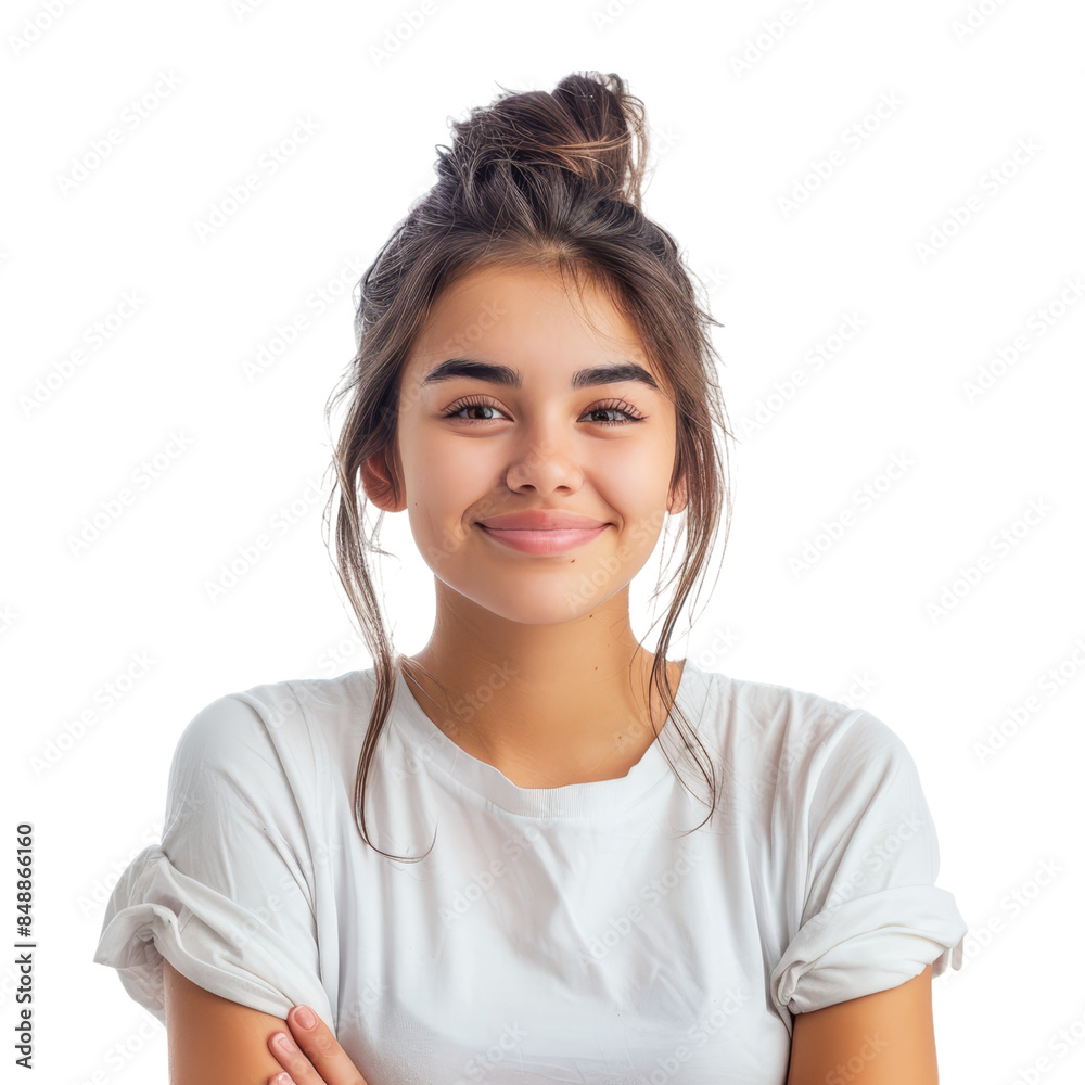 Smiling young woman in white t-shirt isolated on transparent background, perfect for casual fashion blogs, lifestyle articles, and youth promotions Smiling young woman in white t-shirt isolated on transparent background, perfect for casual fashion blogs, lifestyle articles, and youth promotions