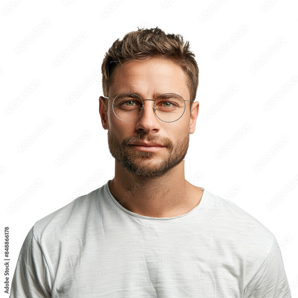 Obraz premium Serious man in white t-shirt isolated on transparent background, ideal for professional profiles, career articles, and fashion promotions