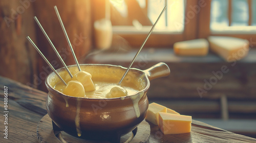 Traditional Swiss fondue pot with melted cheese and dipping forks