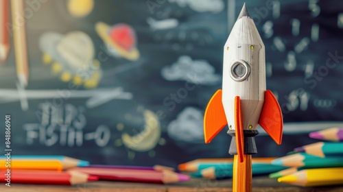 Back to school, A rocket formed from colorful pencils blasts off against an empty blackboard, symbolizing the exciting launch of a new school year and the limitless potential of learnin photo