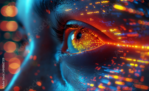 Close-up of a human eye with vibrant digital lights and abstract reflections.
