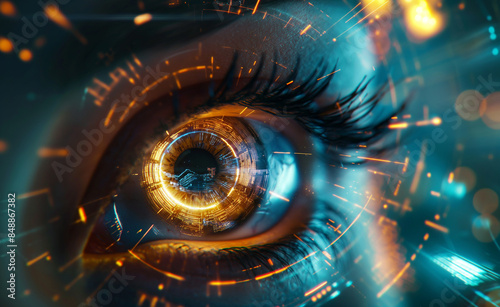 Close-up of a human eye with vibrant digital lights and abstract reflections.