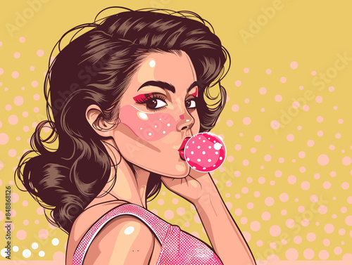 Retro style portrait of pop art pin-up attractive brunette woman
