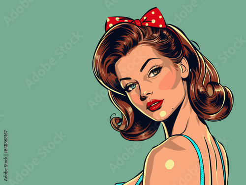 A woman with red hair and a red bow in her hair. She is wearing a blue top and blue skirt