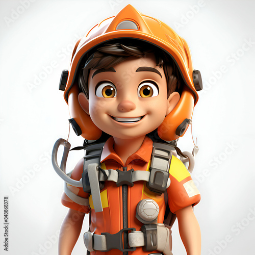 3D Render of a firefighter boy with orange helmet and safety vest