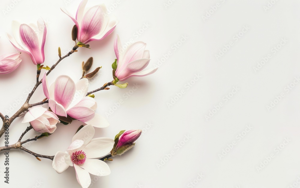 Photo of Magnolia branch with pink flowers on white background, free space for text Photo of Magnolia branch with pink flowers on white background, free space for text