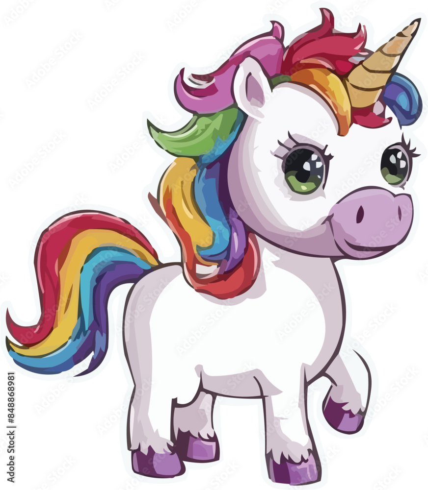 Delightful Unicorn with Rainbow Mane and Tail - Vector Art