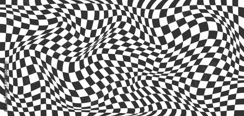 Abstract banner with distortion. Checkered background with distortion effect. Black and white background, distorted checkered pattern. Chessboard surface. Vector illustration.