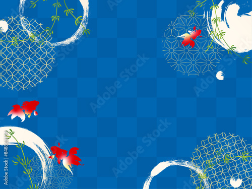 夏　金魚　花　水草　和風　デザイン背景　小紋柄　フレーム　バナー　残暑　暑中見舞い