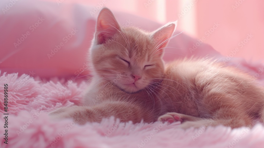 Obraz premium Cat resting on pink background in the morning with front view