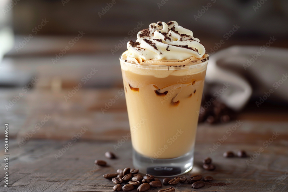 Iced caramel latte coffee in a tall glass with syrup and whipped cream. Ice cappuccino with whipped cream, Frappe. Iced caramel latte coffee in a tall glass with syrup and whipped cream. Ice cappuccino with whipped cream, Frappe.