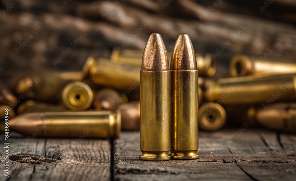 Close-up of bullets standing upright on a wooden surface with more bullets in the background. Close-up of bullets standing upright on a wooden surface with more bullets in the background.