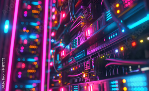 Colorful data center corridor with illuminated server racks.