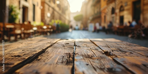 The close up picture of the empty table that has been made from the wood material and placed in alley with people in background, the alley is a narrow pedestrian way or lane between buildings. AIGX02. © Summit Art Creations