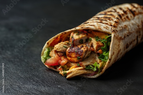 Delicious grilled chicken wrap with fresh veggies on a dark slate background photo