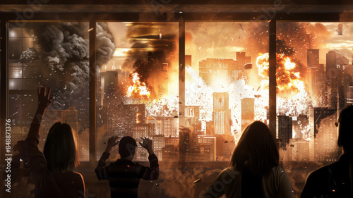 People screaming inside a burning high-rise apartment, emphasizing the chaos and fear,generative ai © Suralai