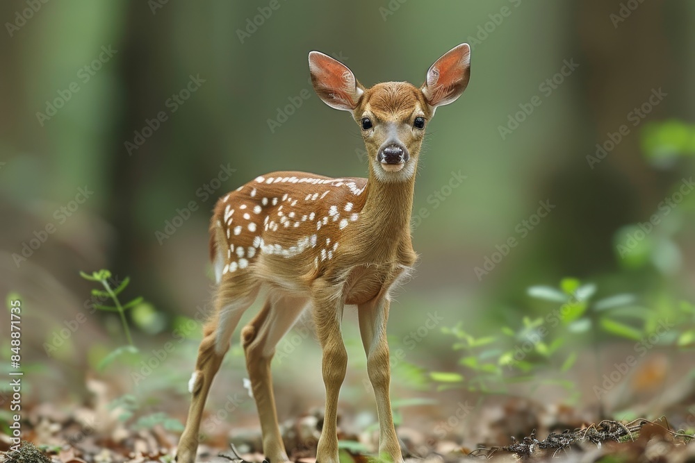 Baby Deer: A delicate baby deer, or fawn, with white spots on its back, standing in a serene forest glade. Baby Deer: A delicate baby deer, or fawn, with white spots on its back, standing in a serene forest glade.