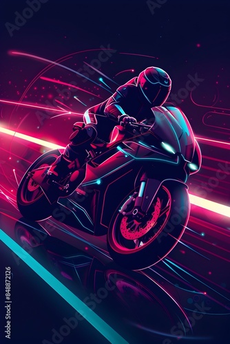 Sleek Futuristic Motorcycle with Neon Highlights and a High Tech Rider Speeding Through the Darkness © CYBERUSS