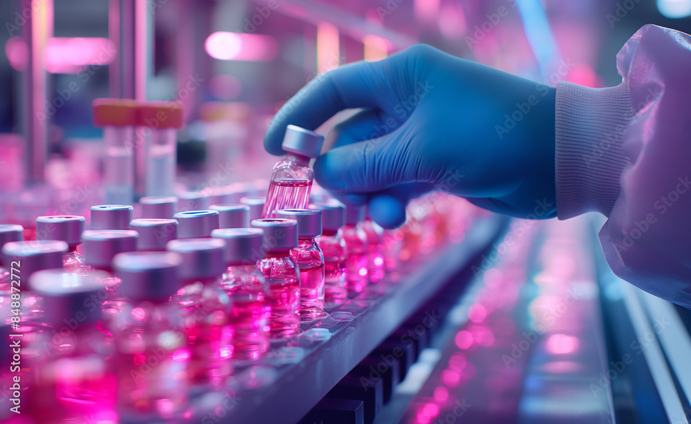 Scientist handling test tubes in a high-tech, colorful laboratory setting. Scientist handling test tubes in a high-tech, colorful laboratory setting.