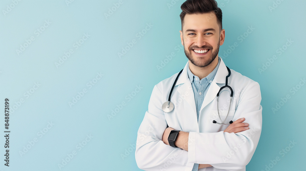 portrait of a smiling doctor on the light blue background with a copy space portrait of a smiling doctor on the light blue background with a copy space