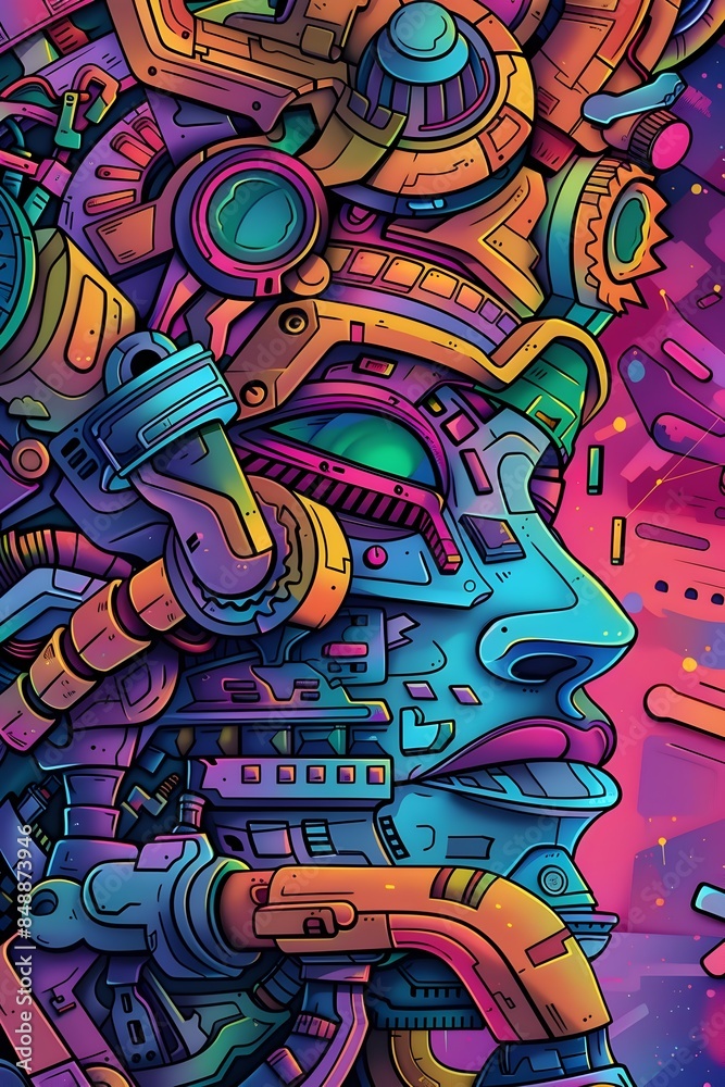 Vibrant Cyberpunk Inspired Graffiti Mural with Intricate Mechanical and Digital Artwork Vibrant Cyberpunk Inspired Graffiti Mural with Intricate Mechanical and Digital Artwork