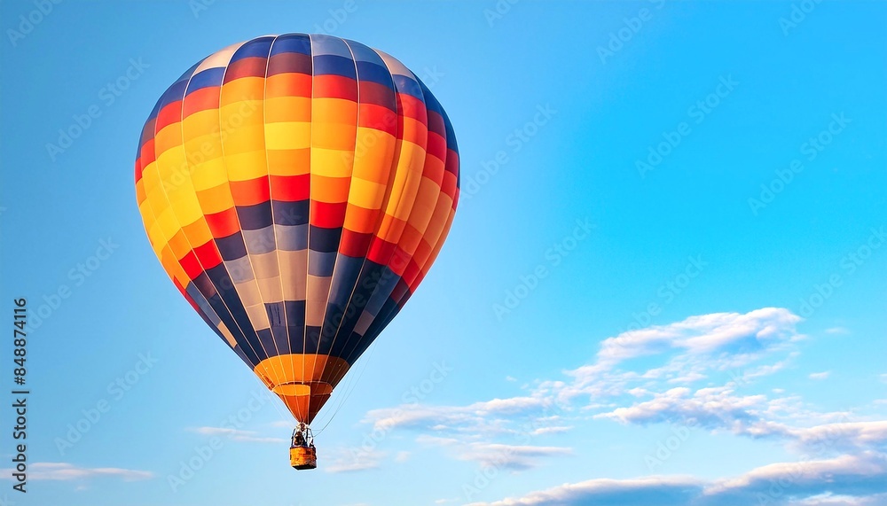 Naklejka premium A vibrant hot air balloon floating against a clear blue sky, with its colors vividly contrasting the background. 3