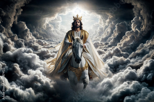 Jesus Christ riding a white horse on the clouds of Heaven	