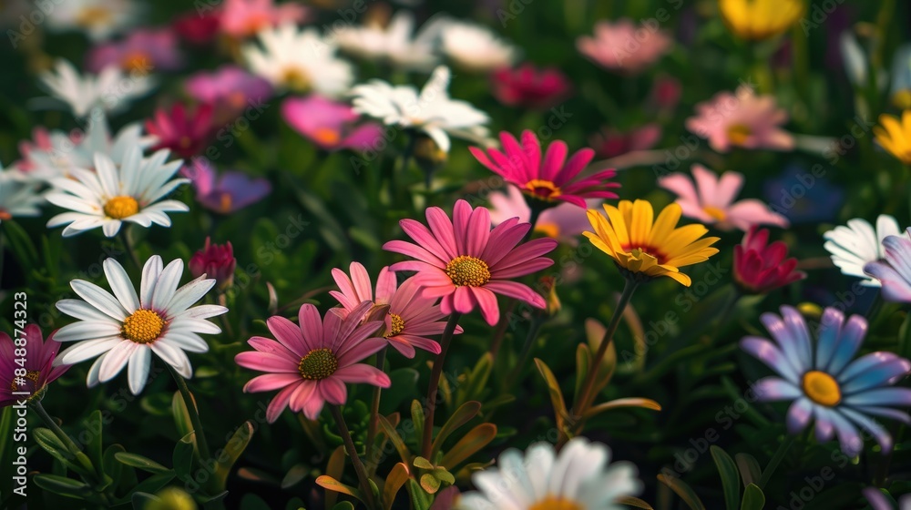 Close up image of multicolored Marguerite daisy flowers in a cultivated field Close up image of multicolored Marguerite daisy flowers in a cultivated field