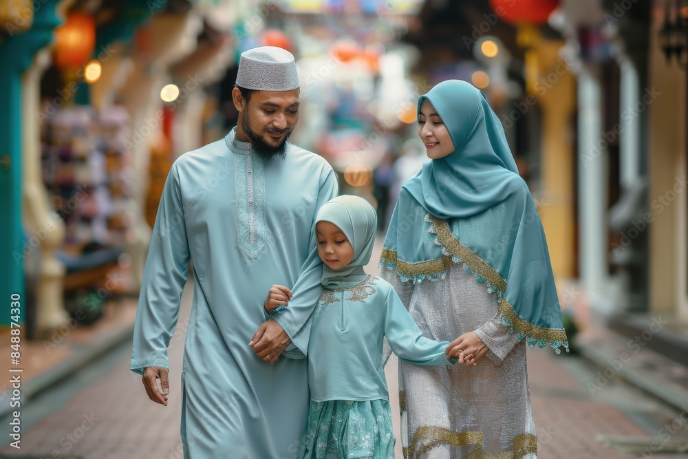 Obraz premium Muslim family of three, a man, a woman and a child, walk down a street
